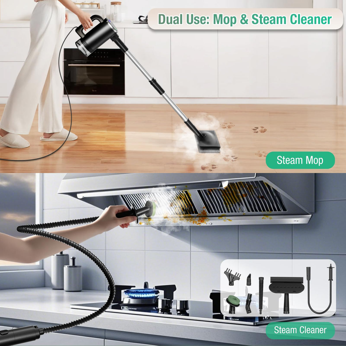 11-in-1 Steam Mop, Detachable Handheld Steam Cleaner with 3-Level Steam