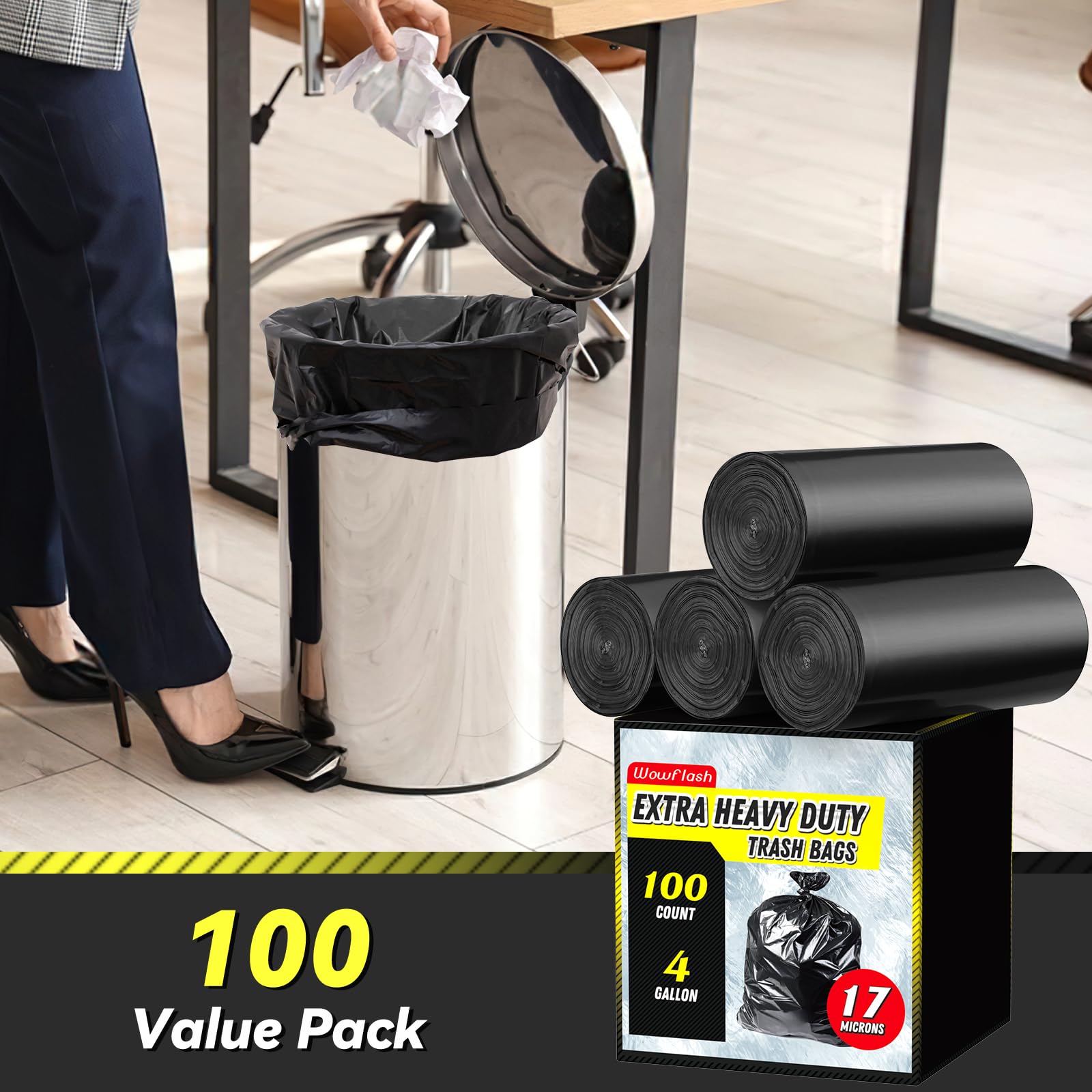 100 Count 17 Micron Extra Heavy Duty 4 Gallon Trash Bags