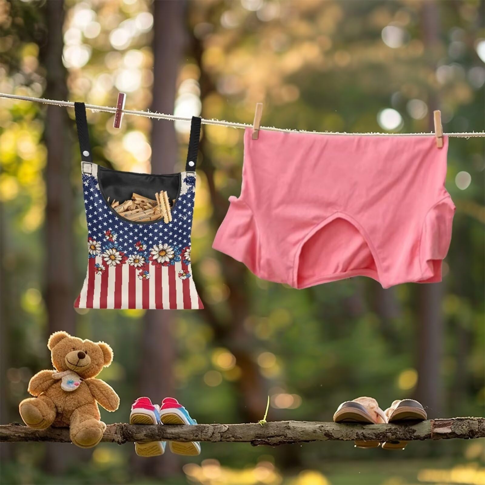 American Flag Clothes Pin Bag Floral Poeny Clothes Pin Hanging Bag Fashion Clothespin Organizer Bag Portable Clothespin Storage with Large Opening Clothespins Storage for Small Items