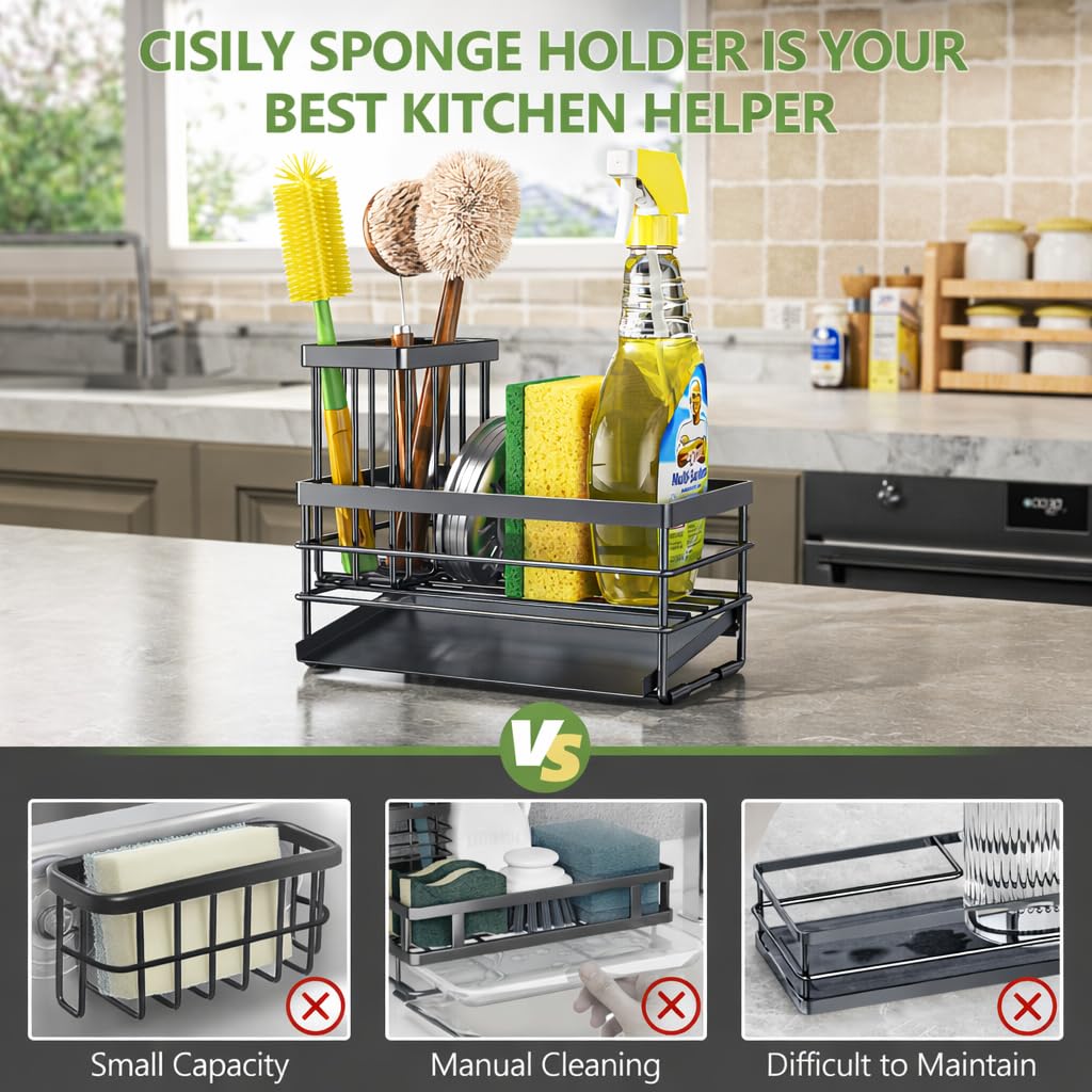Sink Caddy Sponge Holder for Kitchen with Brush Holder and Stainless Steel Self Drain Tray