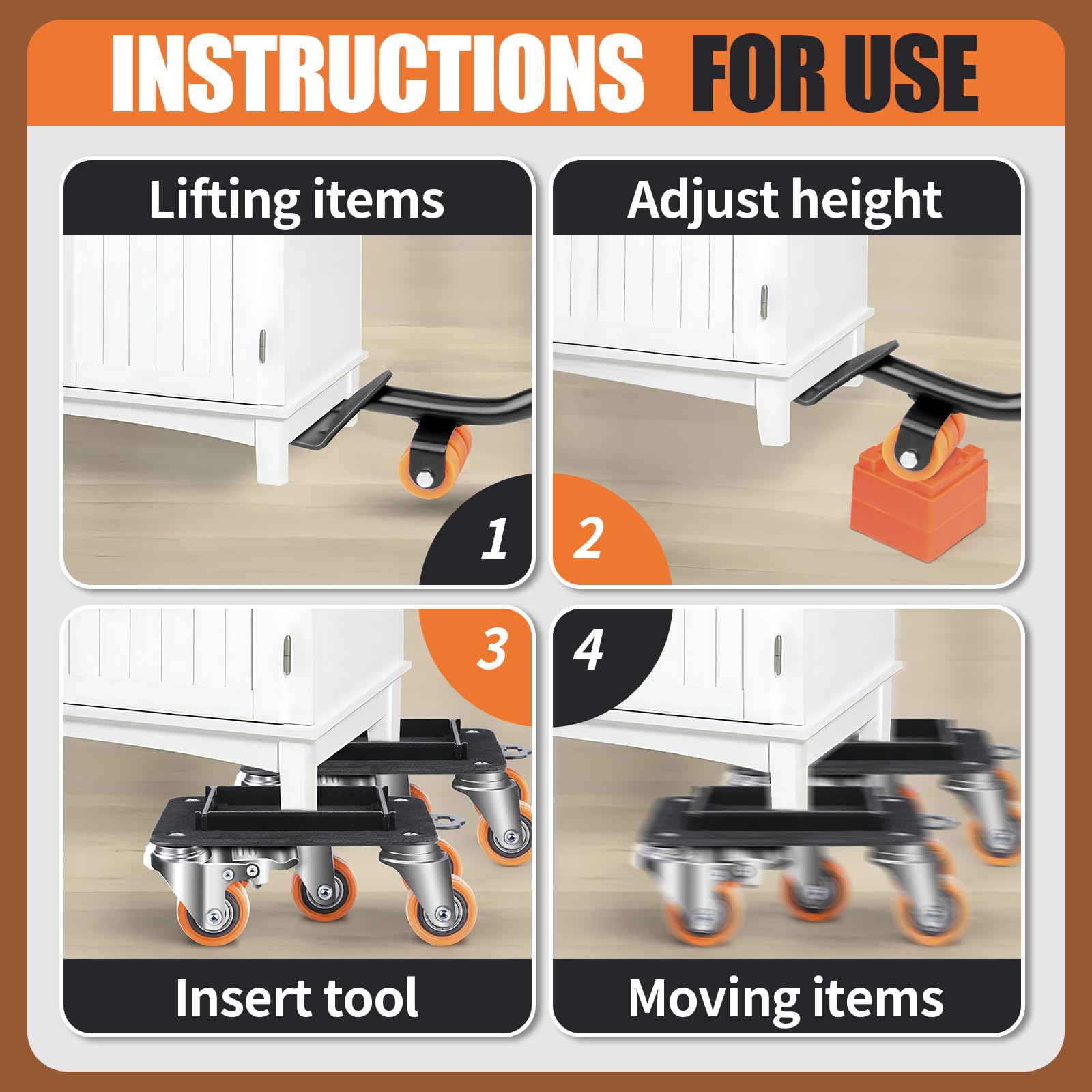 Furniture Dolly 5 Wheels Heavy Duty with Removable Side Guards 3900Lbs Capacity 360°Rotating Wheels Side Brake 5 Rollers Casters Cart Furniture Movers Lifter Tool for Sofas Beds Appliances Safe (4 Count)