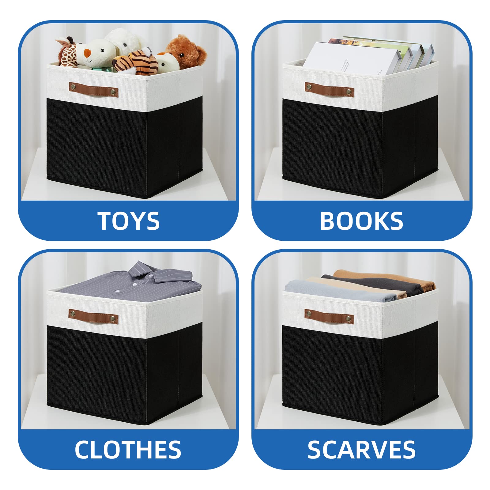 Fabric Storage Bin 4 Pack Cube Storage Bin for Shelf Fabric Cube Storage Basket 13 Inch Cube Storage Bins Foldable Storage Cubes with Leather Handles (4 Count)