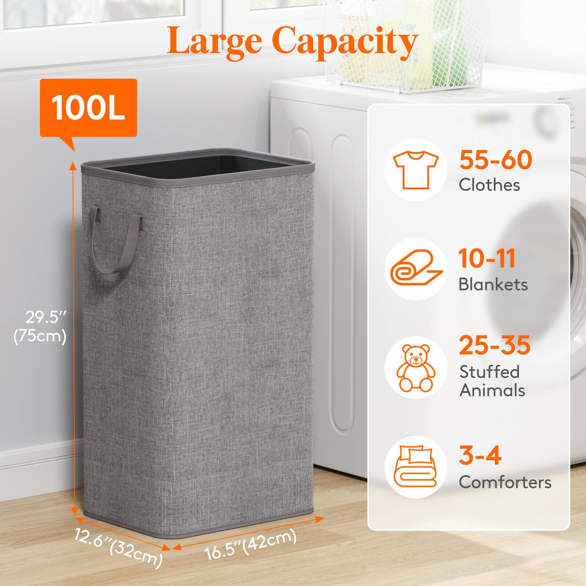 100L Large Laundry Basket with Handles