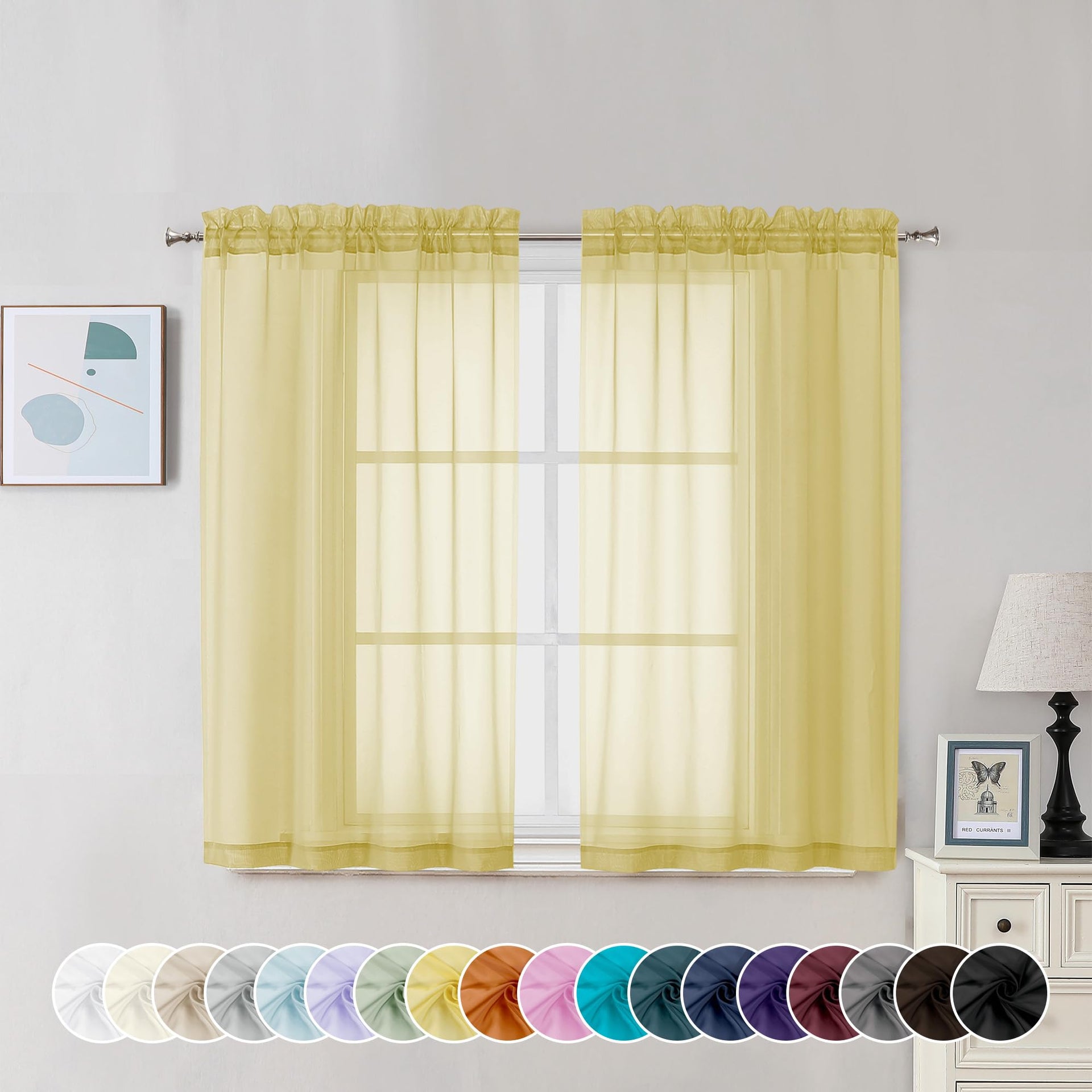 Mustard Yellow Sheer Curtains 45 Inches Long (2 Count)