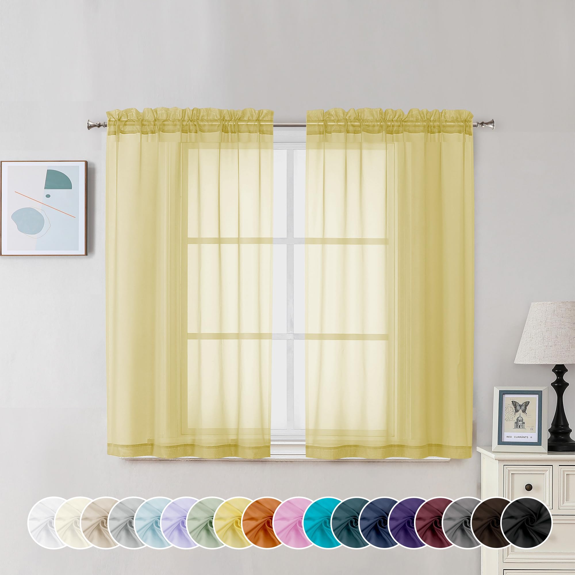 Mustard Yellow Sheer Curtains 45 Inches Long (2 Count)