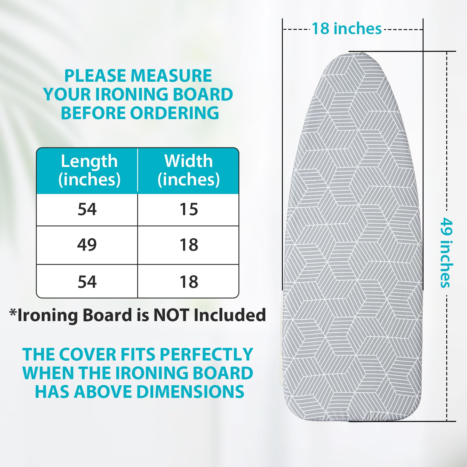Wide Ironing Board Cover with Padding 18 x 49 inch Heat Reflective with Hook and Loop Fasteners