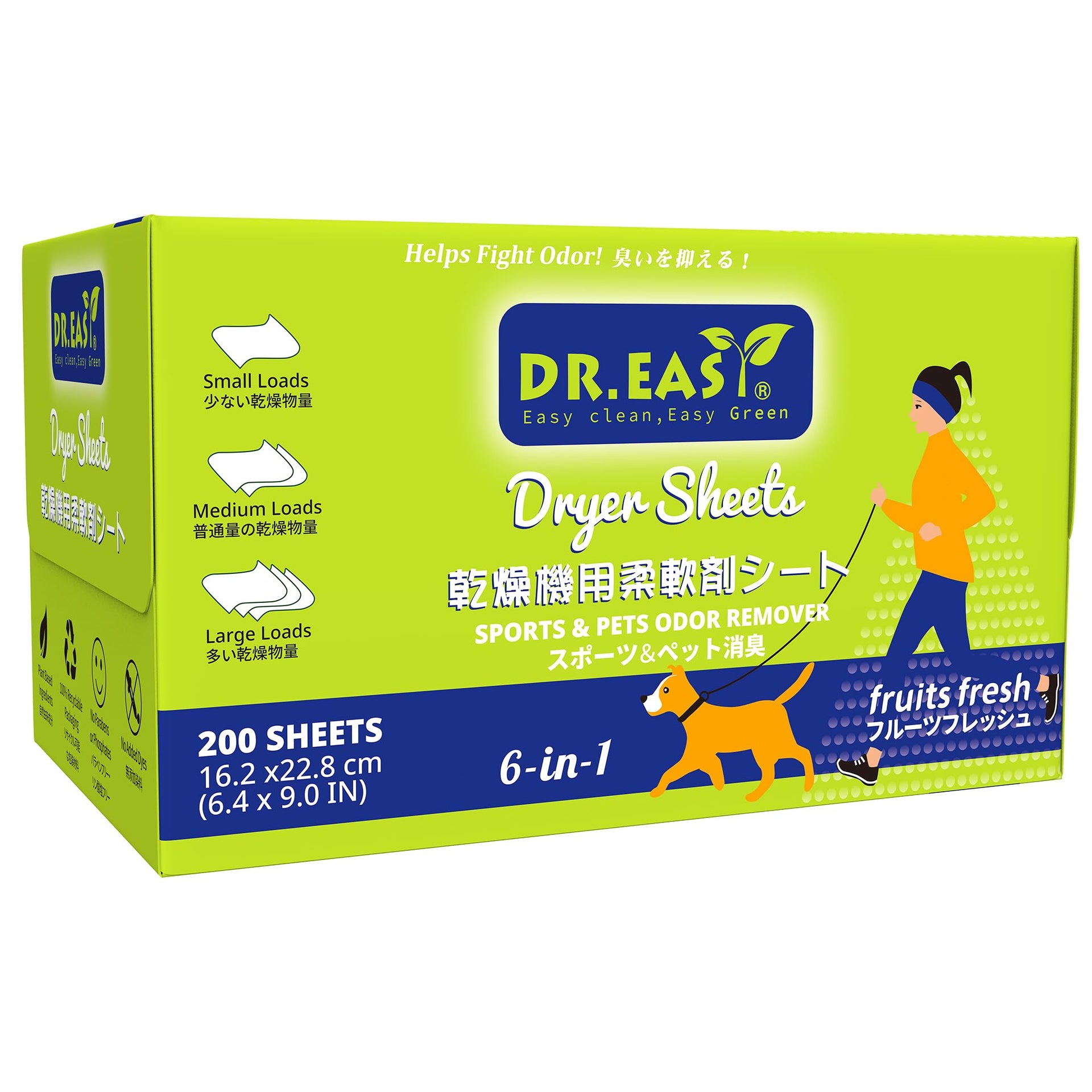Dr.Easy SPORTS & PETS ODOR REMOVER Fruits Fresh Dryer Sheets (200 Count)