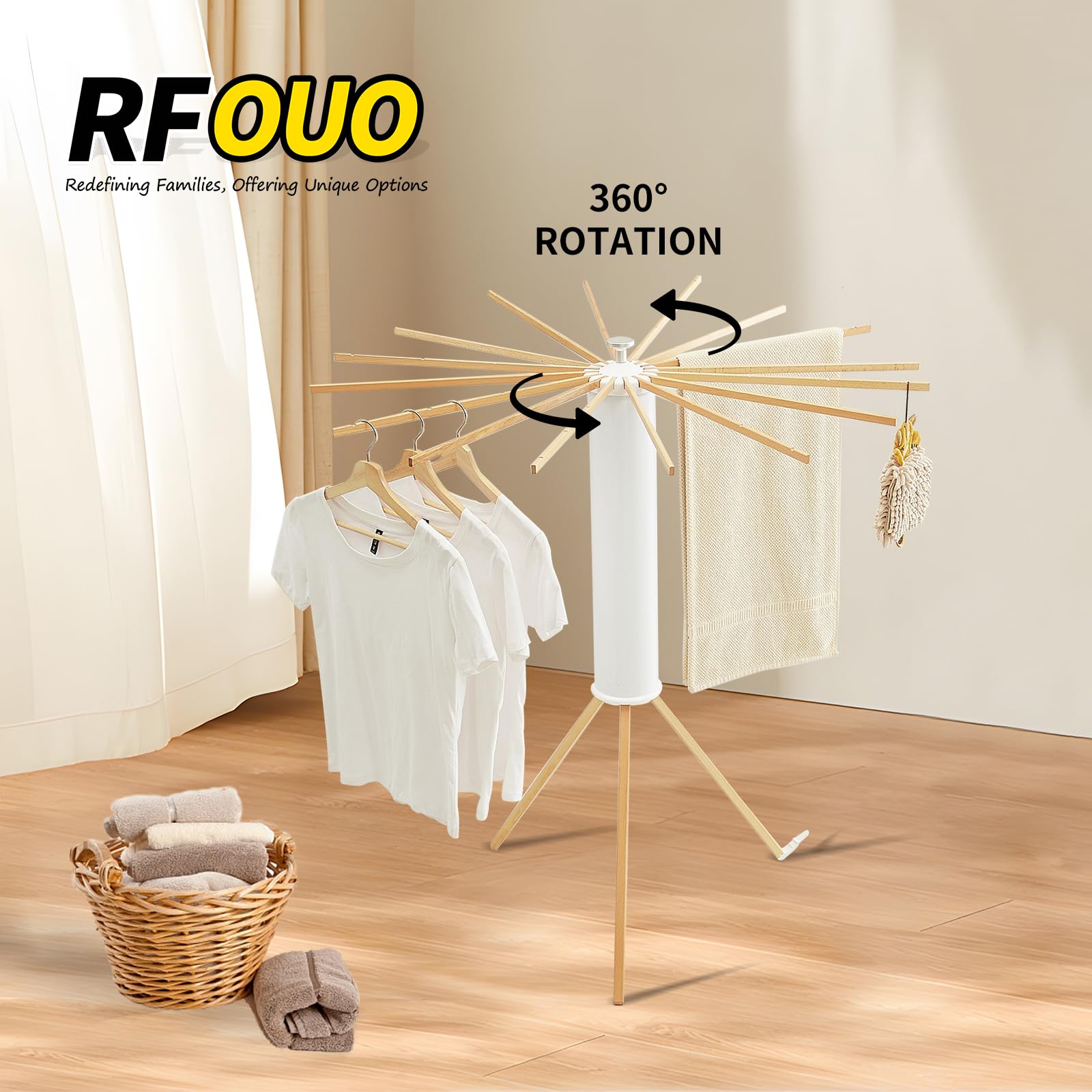 Foldable Clothes Drying Rack Tripod with Wooden 16 Rods