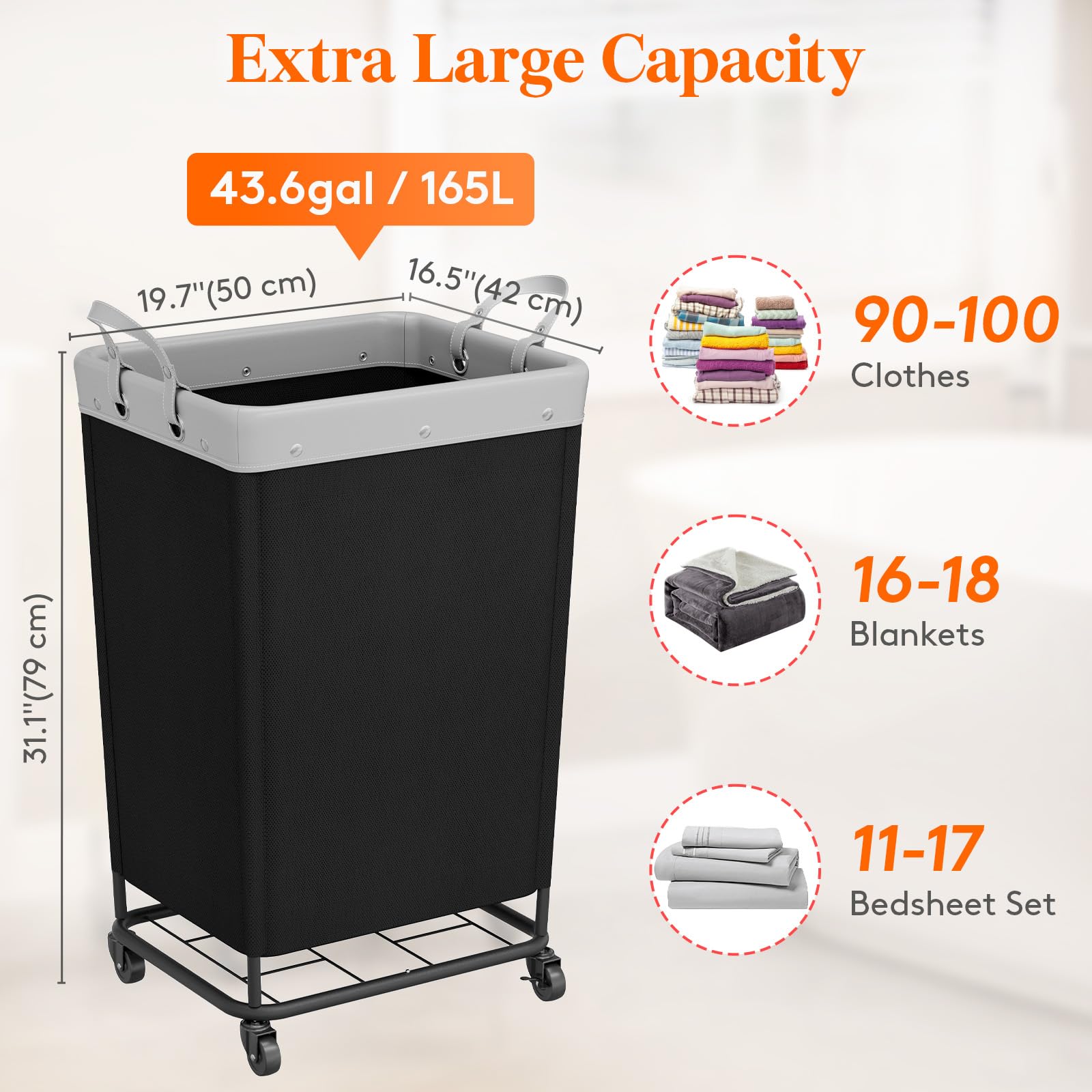 165L Heavy Duty Laundry Basket with Wheels and Handles