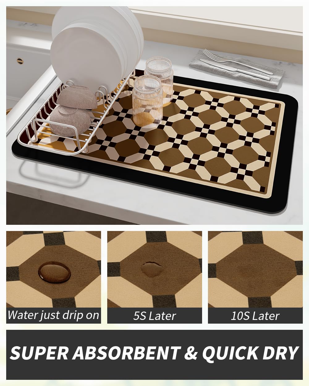 Coffee Mat Hide Stain Rubber Backed Absorbent Dish Drying Mat for Kitchen Counter