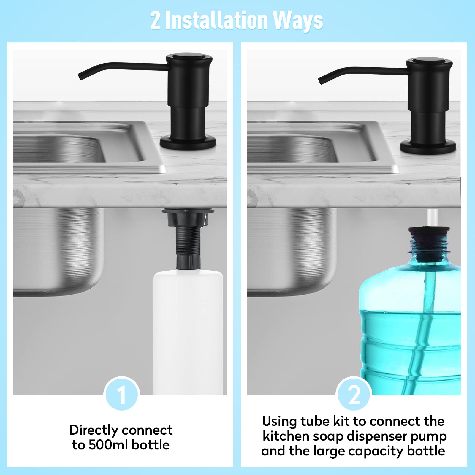 Kitchen Soap Dispenser Countertop Soap Dispenserfor Kitchen Sink Black Built in Sink Soap Dispenser Top Fill Deck Mount Dispenser for Bathroom with 39" Tube Large Capacity 17 OZ Bottle