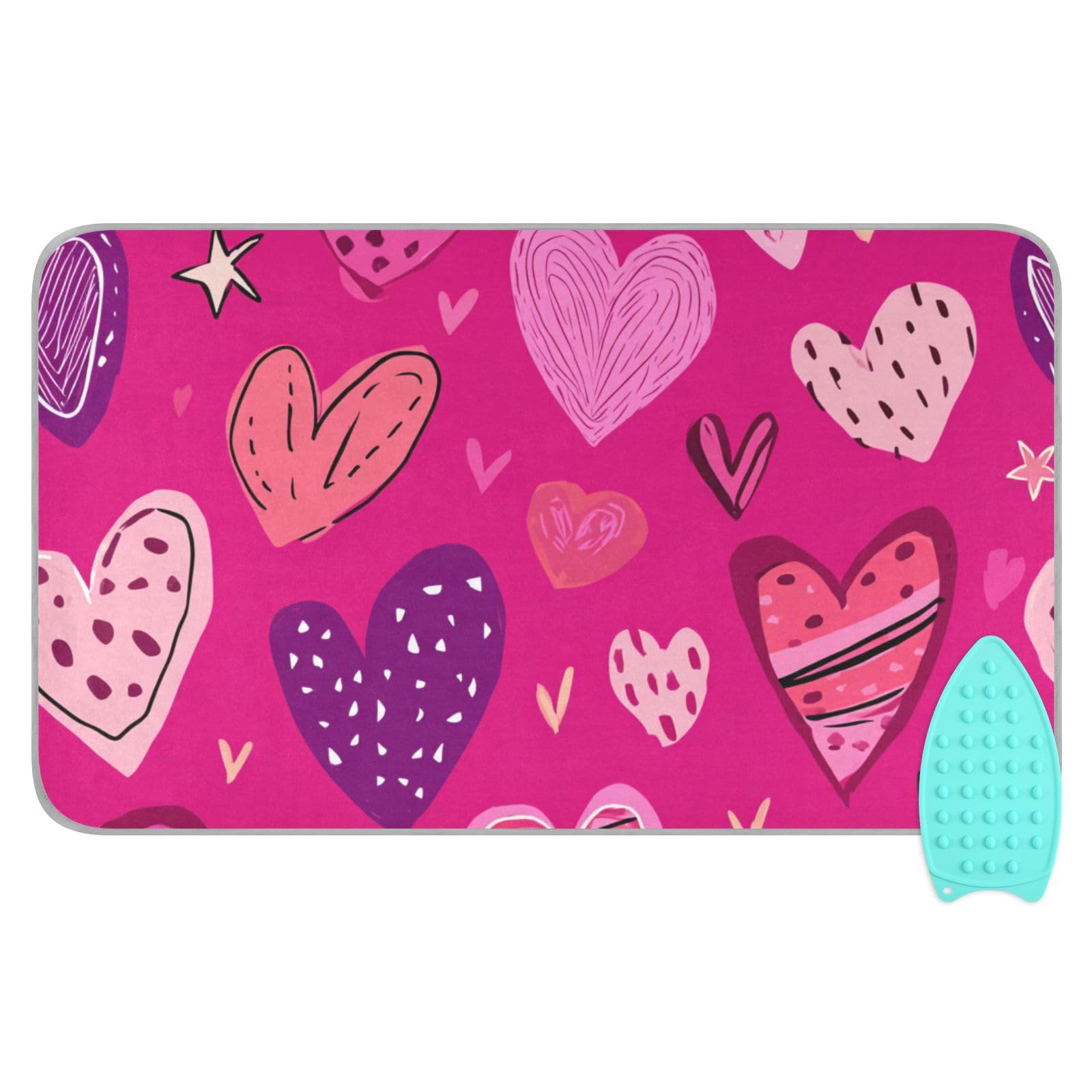 Hot Pink Doodle Hearts Stars Valentine Ironing Mat Portable Ironing Pad Blanket with Silicone Iron Rest for Table Top Travel Heat Resistant Double