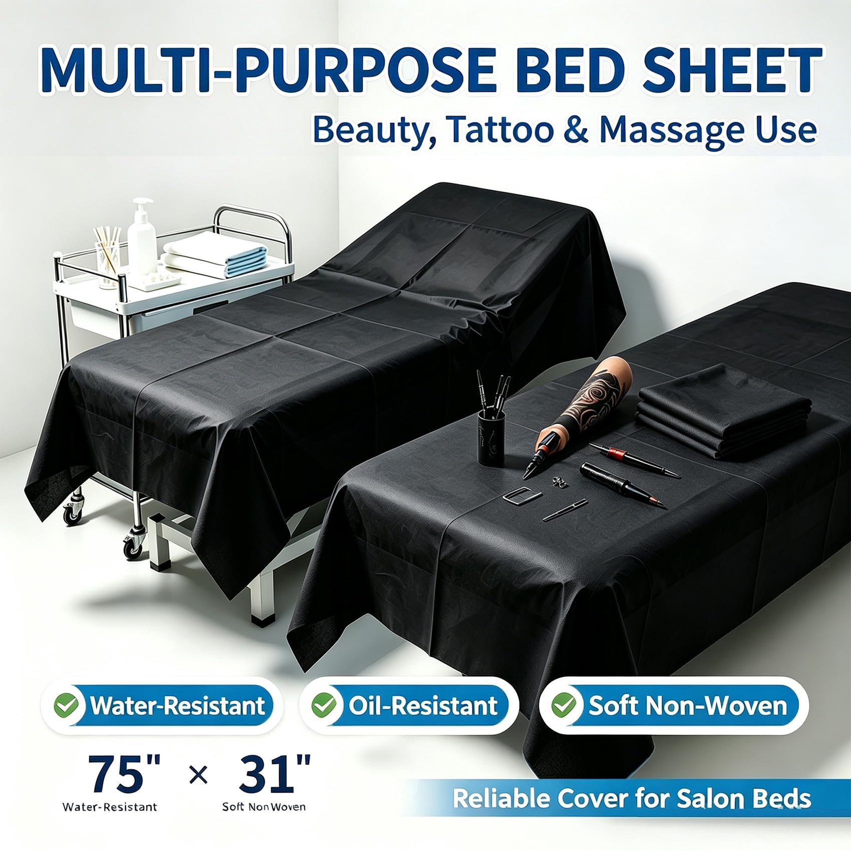 50PCS Massage Table Sheet Disposable Spa Bed Cover 75"x31" Waterproof Black (50 Count)