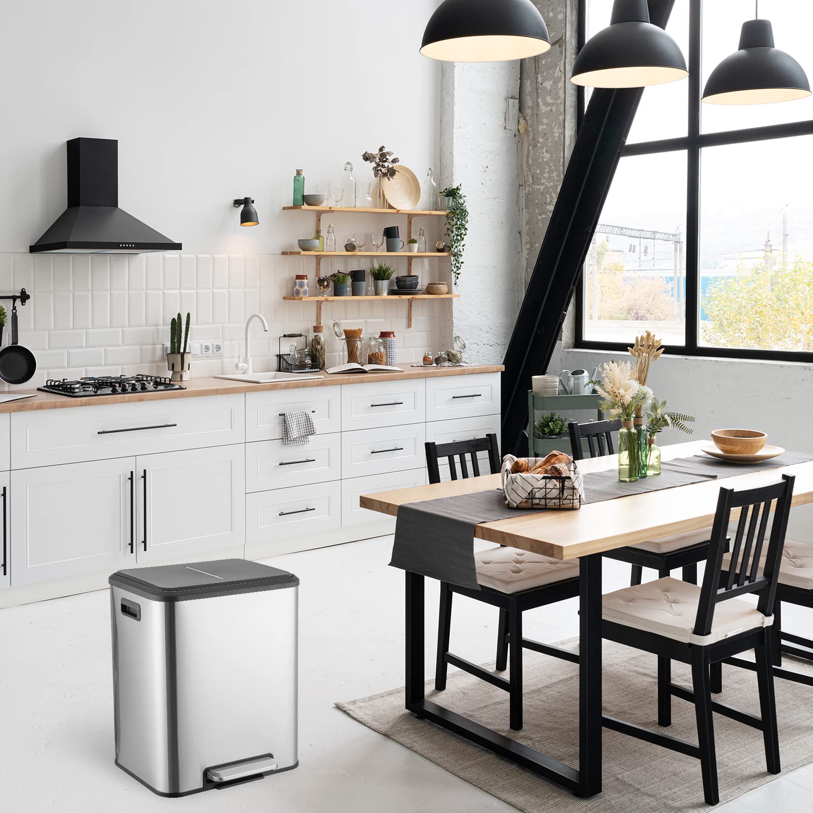Dual Trash Can Stainless Steel Kitchen Recycling Bin Foot Pedal