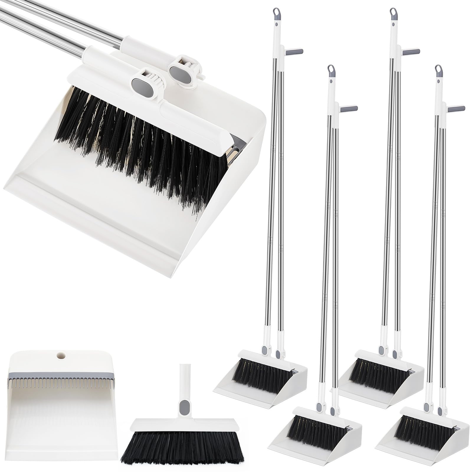 4 Set 8 Pcs Broom and Dustpan Set 47 Inch Long Handle Brooms for Sweeping Indoor Household Dustpans for Indoor Outdoor Kitchen Floor