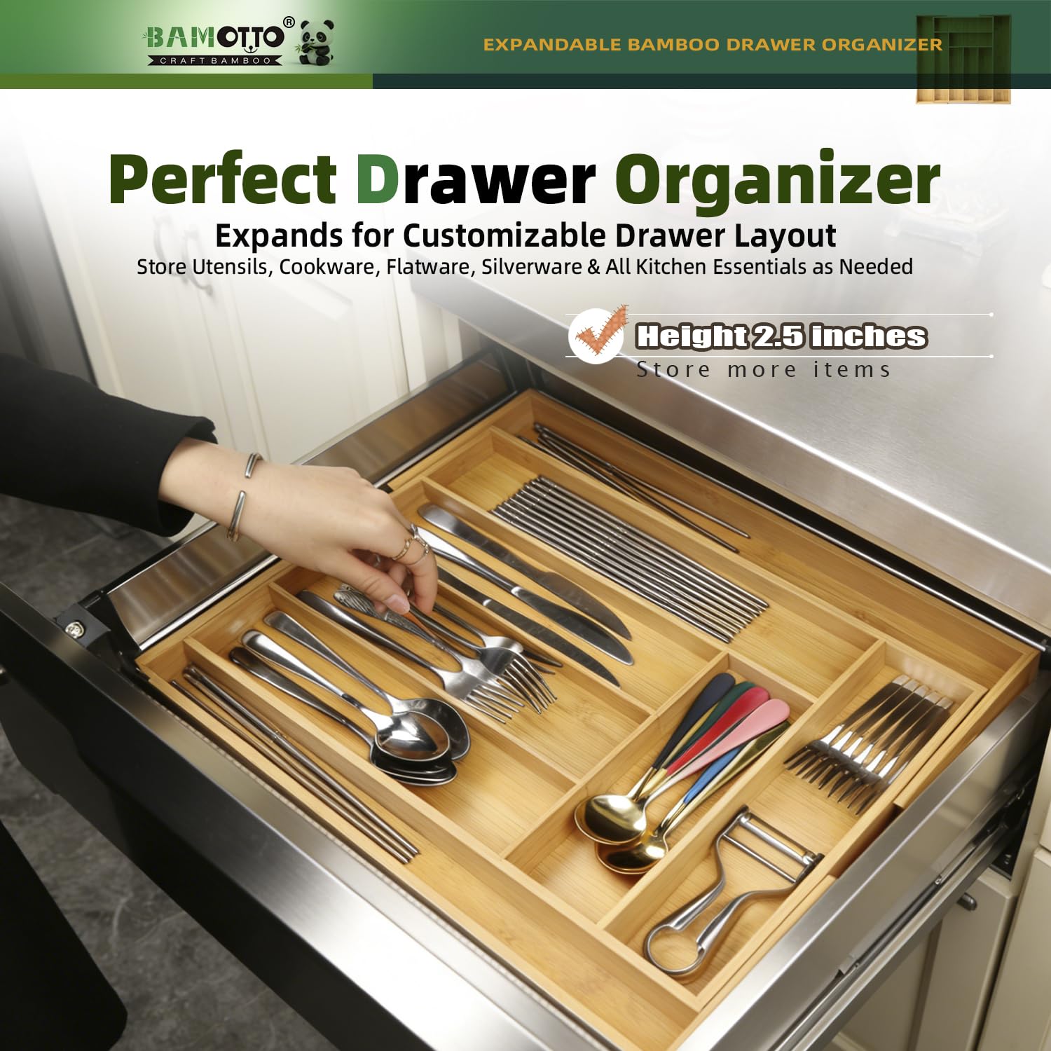 Expandable Bamboo Drawer Organizer for Kitchen