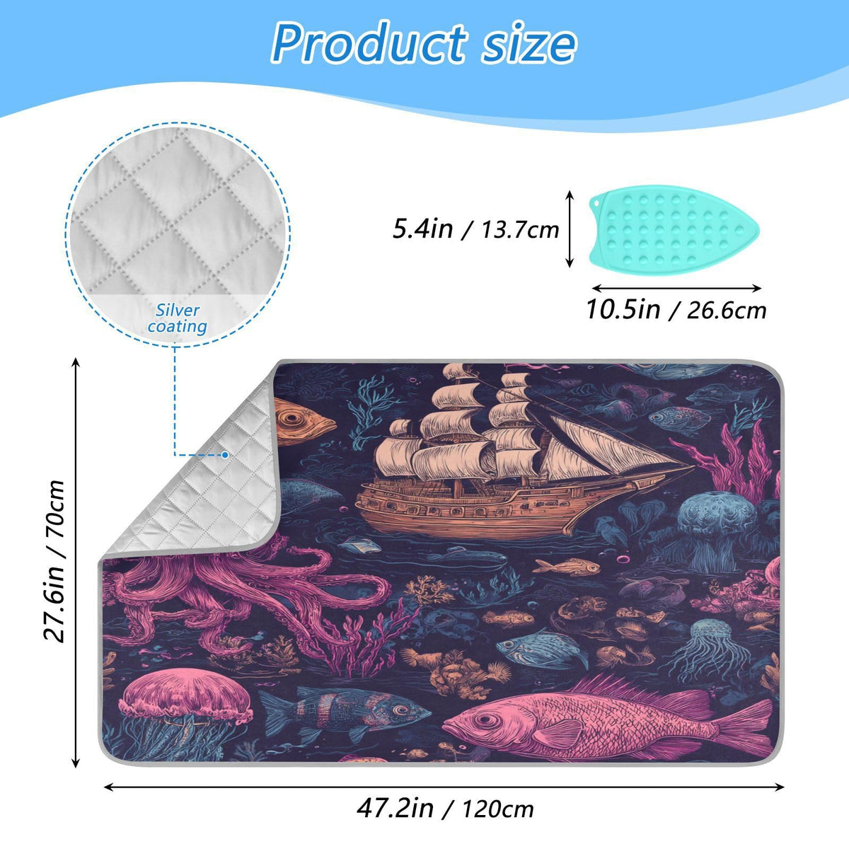 Red Blue Pirate Ship and Fish Ironing Mat Thickened Ironing Blanket Travel Portable Double