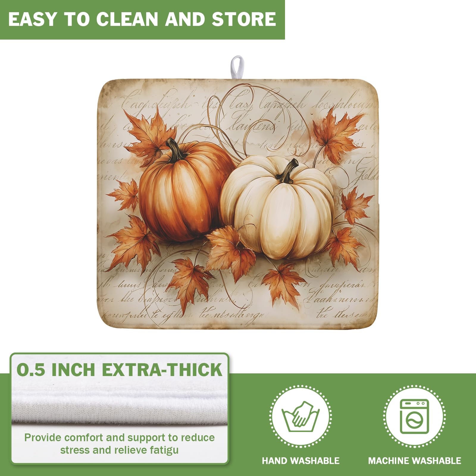 Fall Pumpkin Dish Drying Mat 16X18 Inch Vintage Autumn Drying Mat for Kitchen Counter Absorbent Maple Leaf Fall Thanksgiving Farmhouse Dishes Pad Drainer Mat Countertop Protector for Kitchen Fast Dry