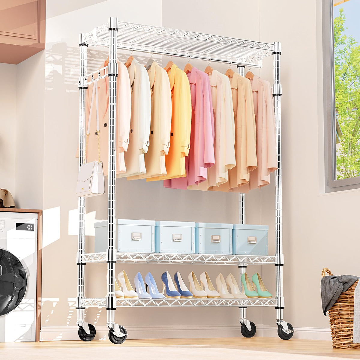 Heavy Duty Rolling Garment Rack 3 Tiers Adjustable Wire Shelving Clothes Rack with Rods and Side Hooks