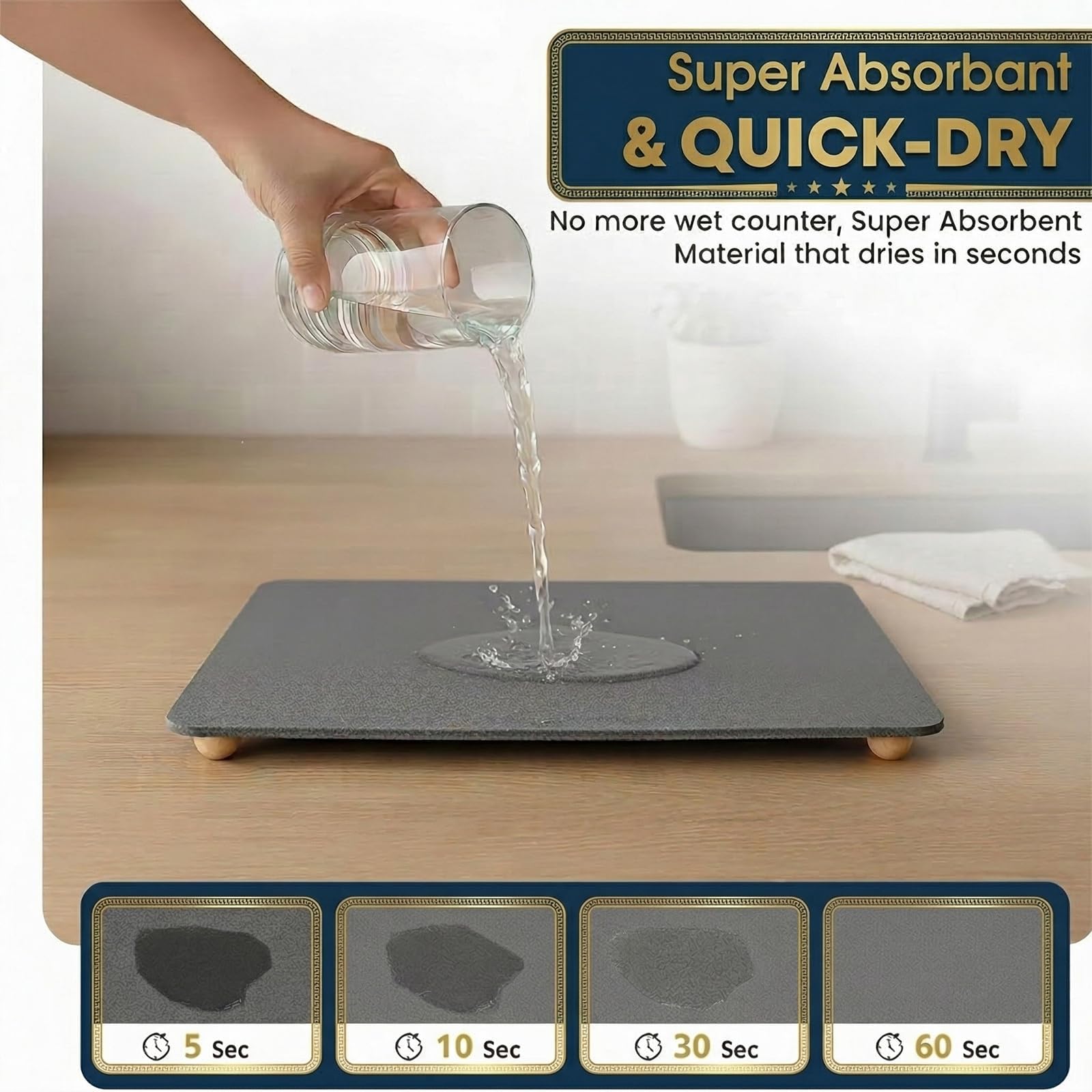 Stone Drying Mat for Kitchen Counter 5 Wooden Feet 20"×16