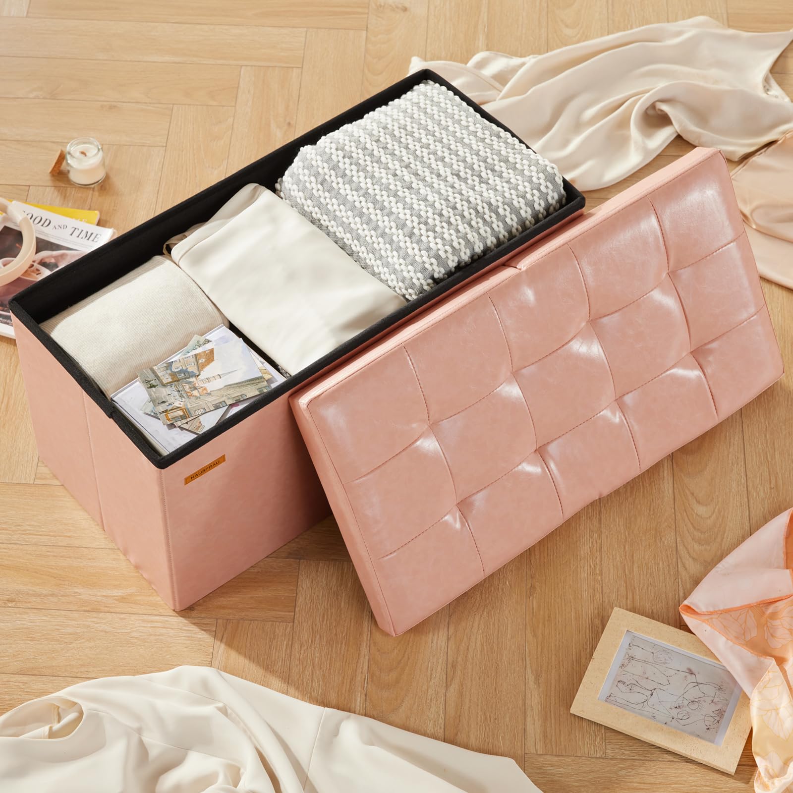 Ottoman with Storage Bench Folding Foot Rest Stool Pink