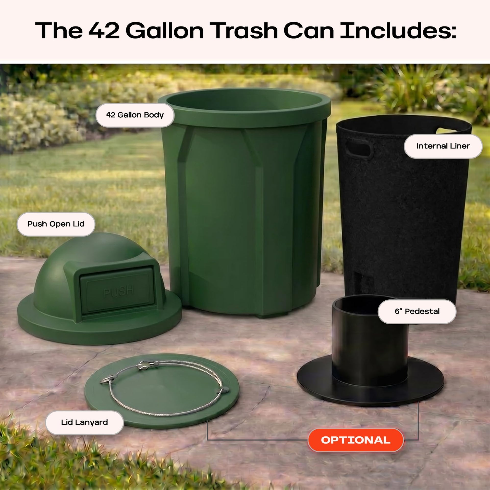 Campus Collection 42 Gallon Plastic Commercial Garbage Can with Push Lid