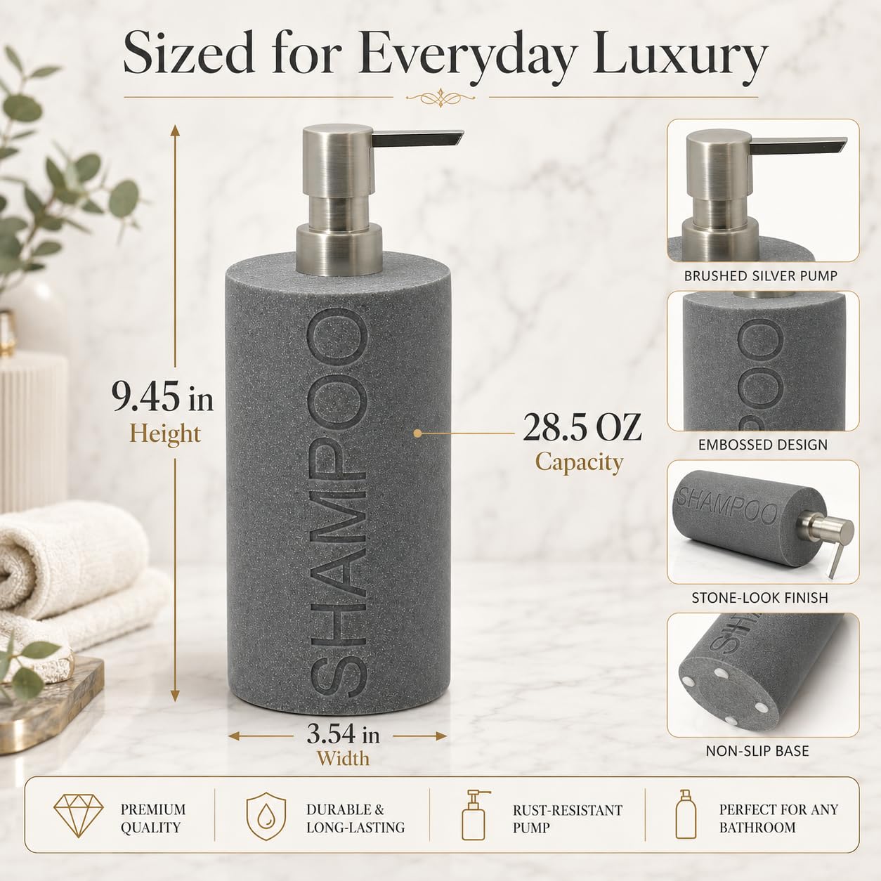 Resin Neutral Gray Sandstone Shampoo Engraved Bottle Refillable Pump Dispenser