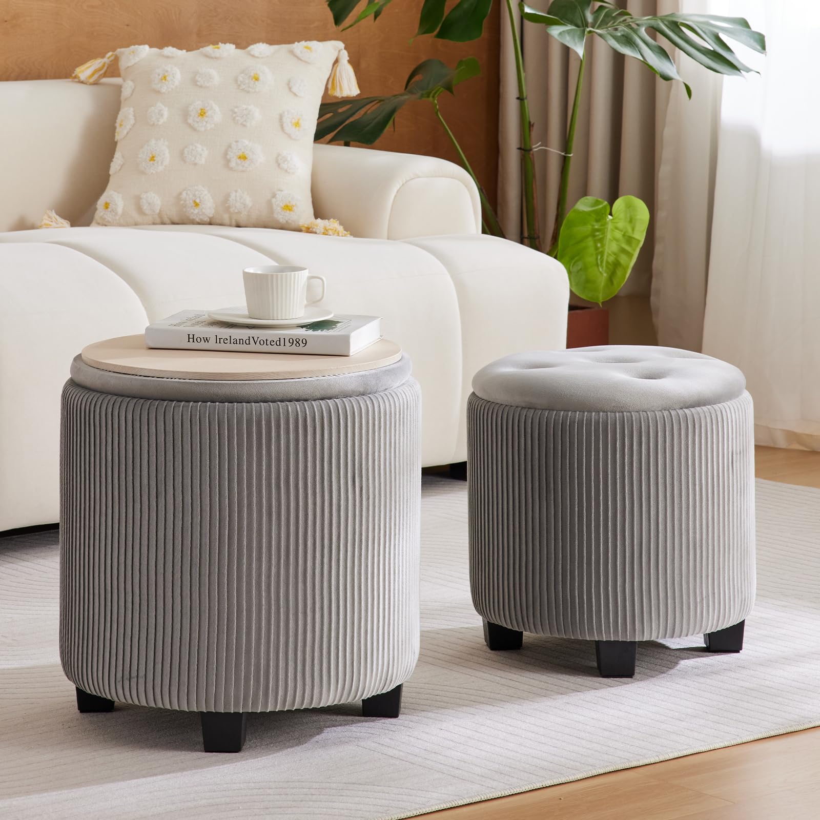 Tufted Ottoman Set of 2 Large Round Velvet Storage Ottoman Gra (2 Count)
