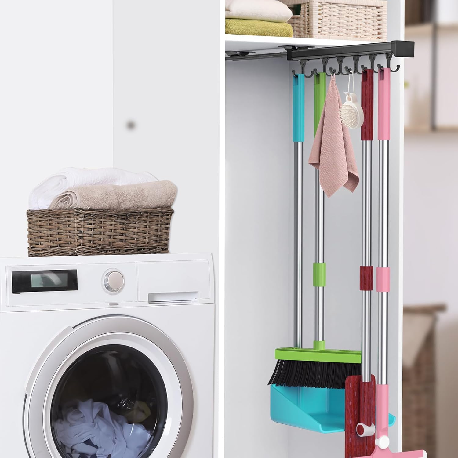 Pull Out Broom Holder With Adjustable Double Row Sliding Hook