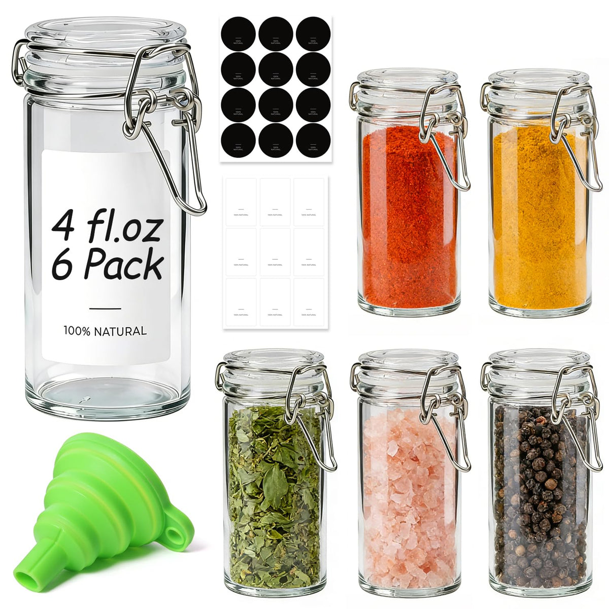 Small Glass Spice Jars with Airtight Lids 4 oz 6 Pack with Labels (6 Count)