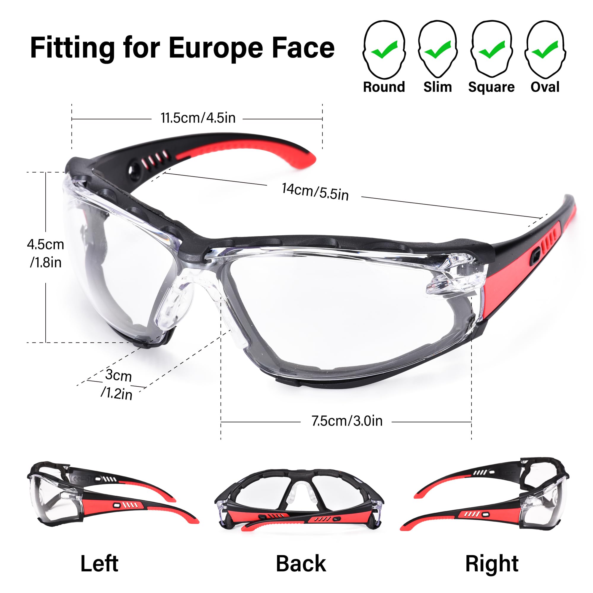 Safety Glasses Anti Fog Scratch Resistant ANSI Z87.1 CE Protective Eyewear with Foam Gasket Adjustable Strap