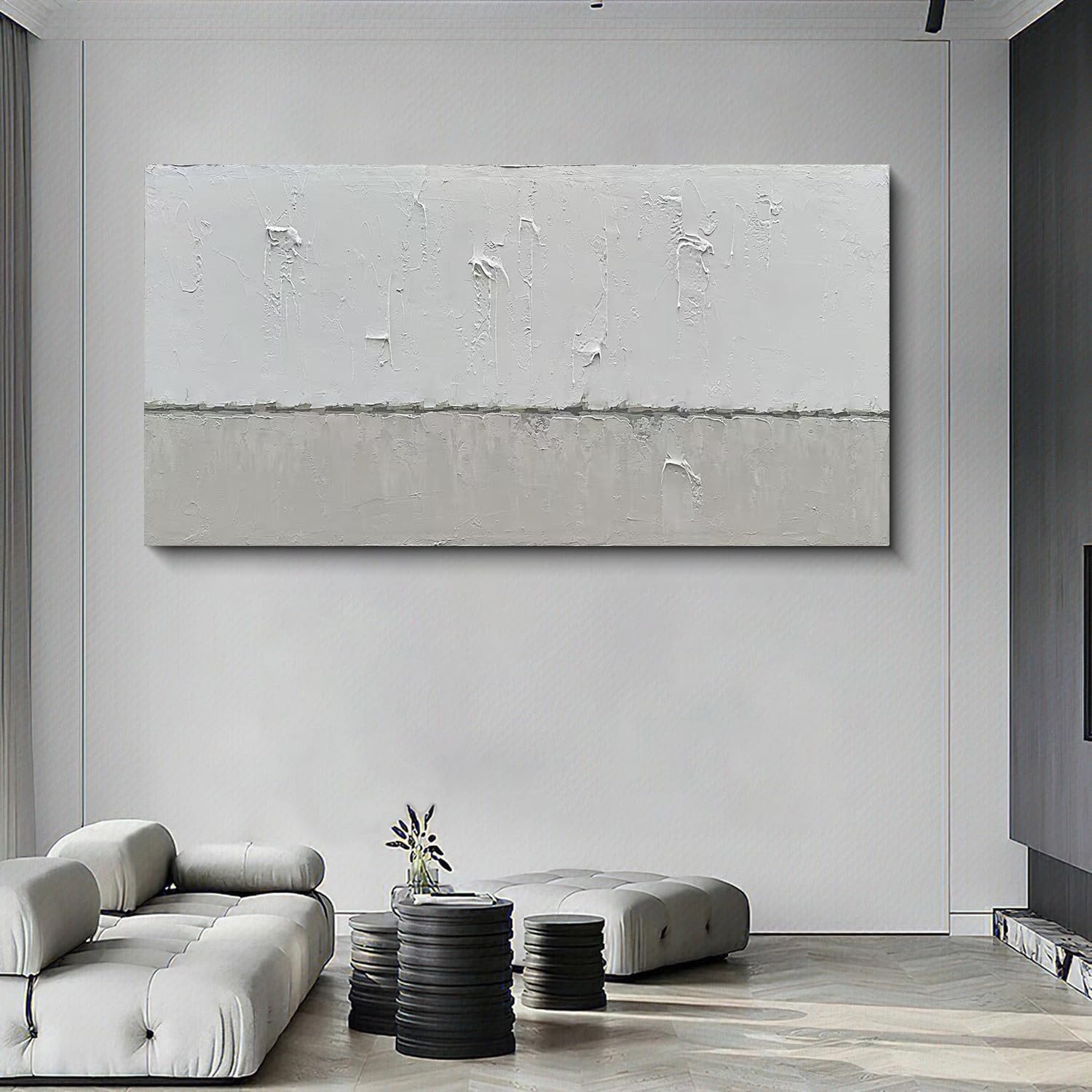 Art Hand painted Grey White Minimalist Oil Painting 30x60 inches