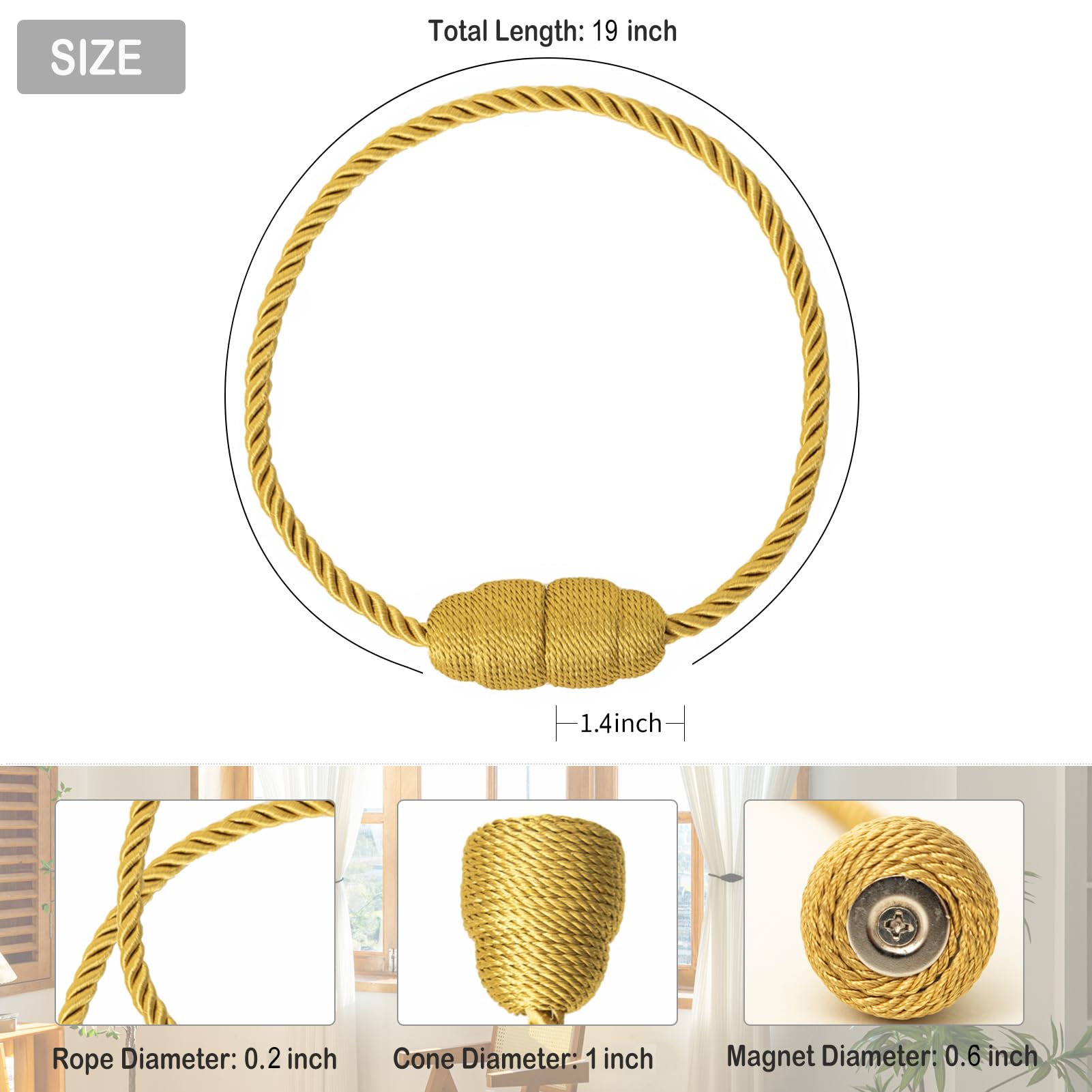 Magnetic Curtain Tiebacks Rope Curtain Tie Backs for Curtains 8 Pack Curtain Holders for Drapes Decorative Window Curtain Holdbacks (8 Count)