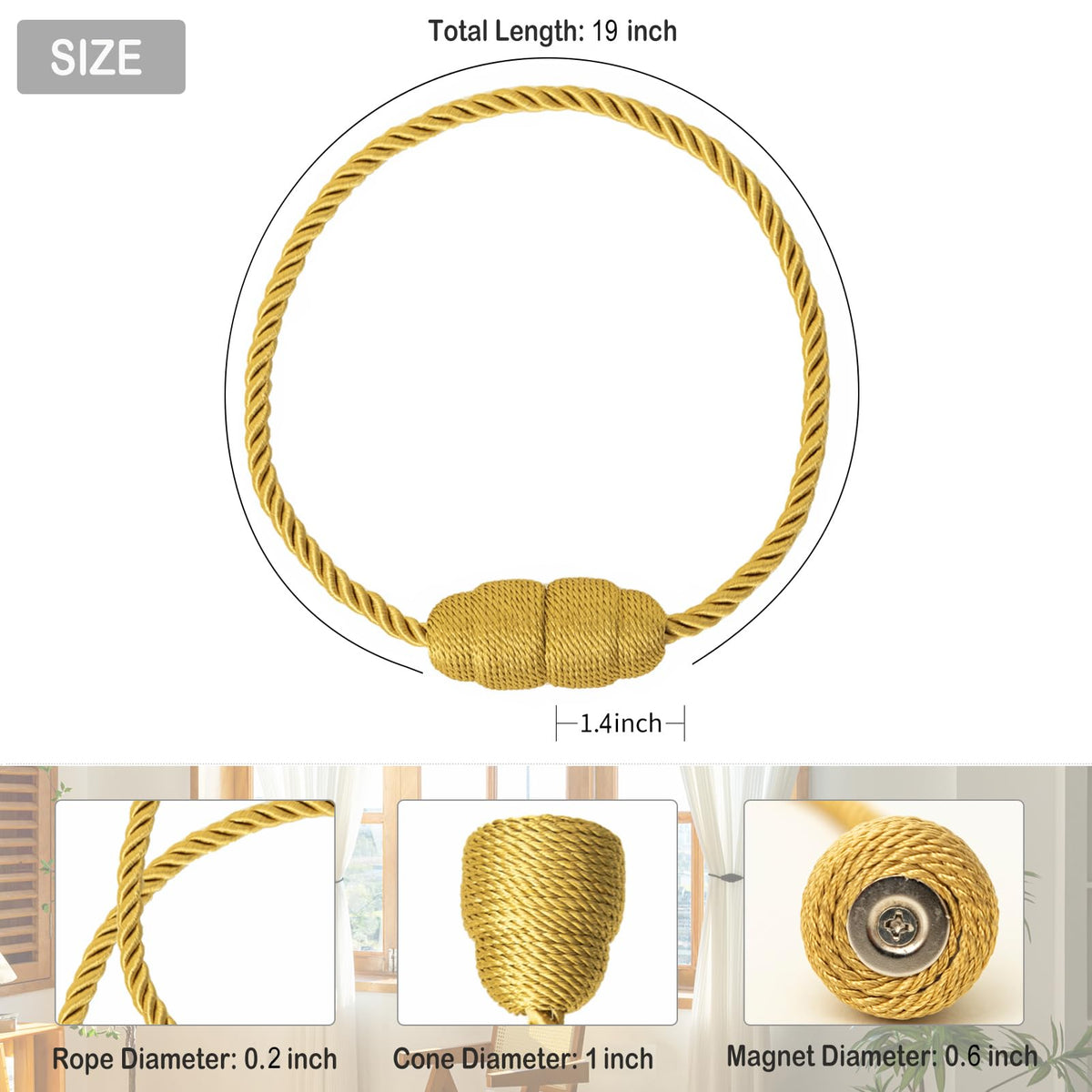 Magnetic Curtain Tiebacks Rope Curtain Tie Backs for Curtains 2 Pack Curtain Holders for Drapes Decorative Window Curtain Holdbacks