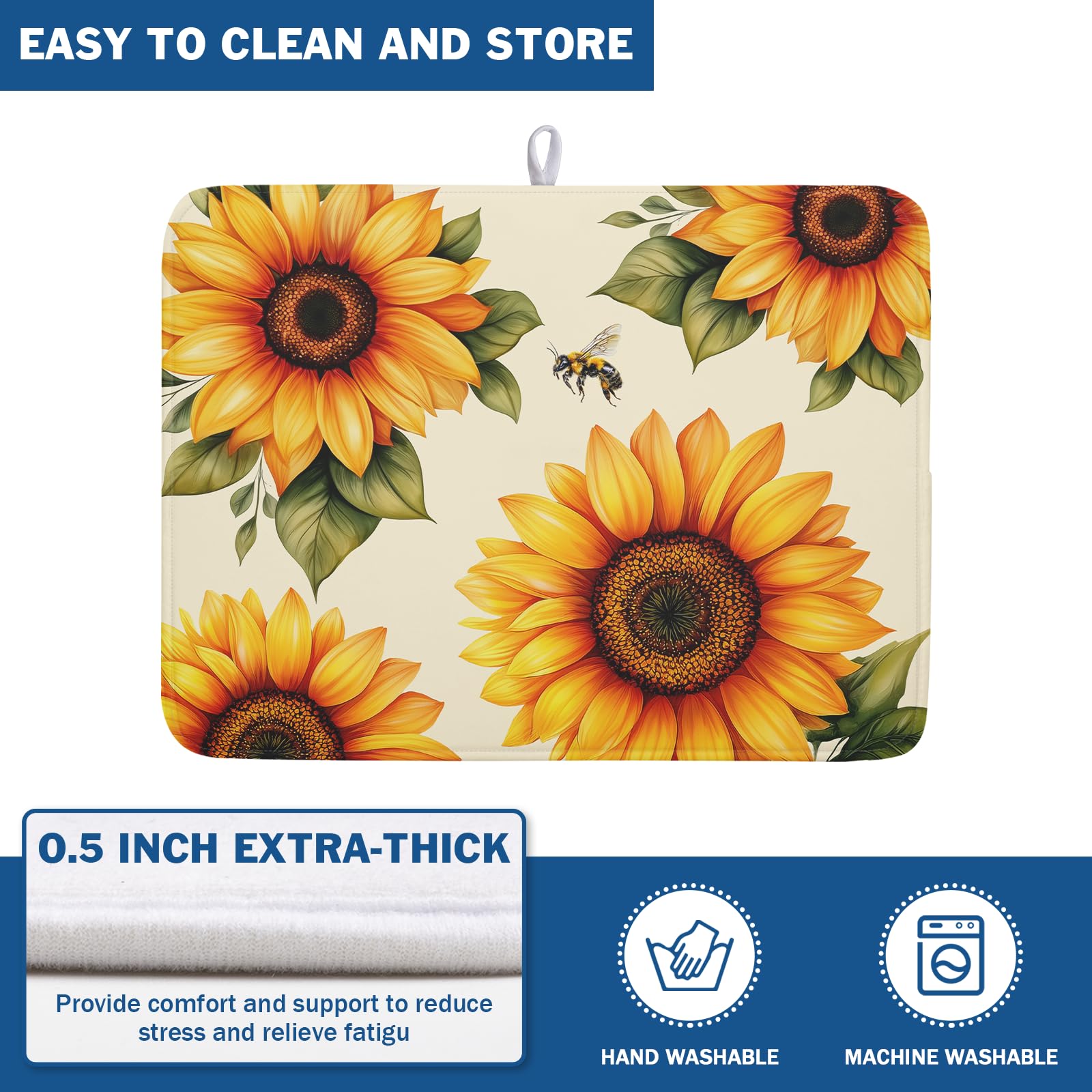 Sunflower Dish Drying Mat 18x24 Inch Absorbent Reversible Summer Drying Mat Sunflower Bee Dish Drying Rack Mat Yellow Summer Themed Dish Drainer Mat for Kitchen Counter Coffee Bar