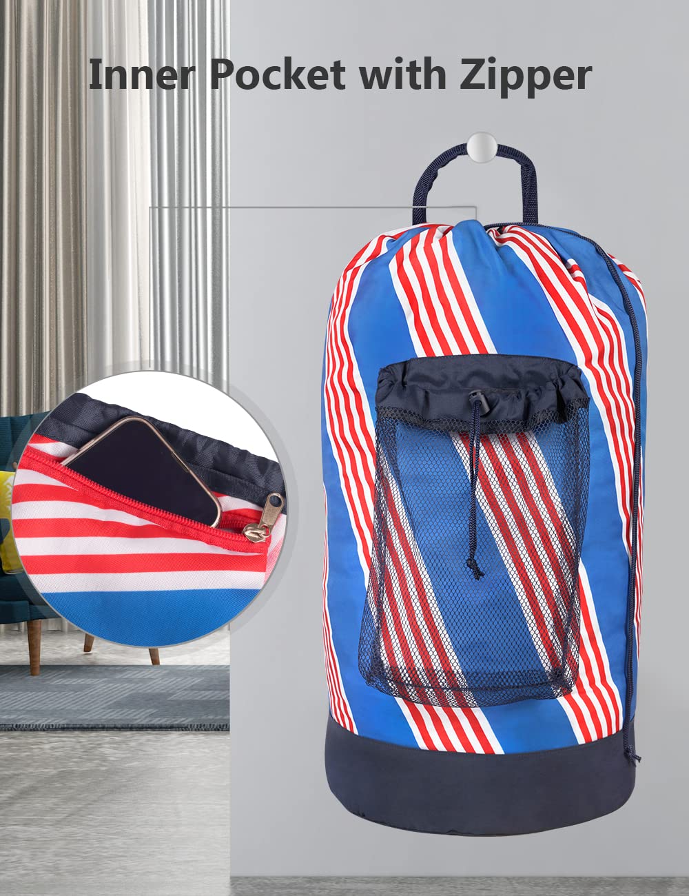Backpack Laundry Bag with Shoulder Straps and Mesh Pocket Durable Nylon Clothes Hamper Bag with Drawstring Closure for College