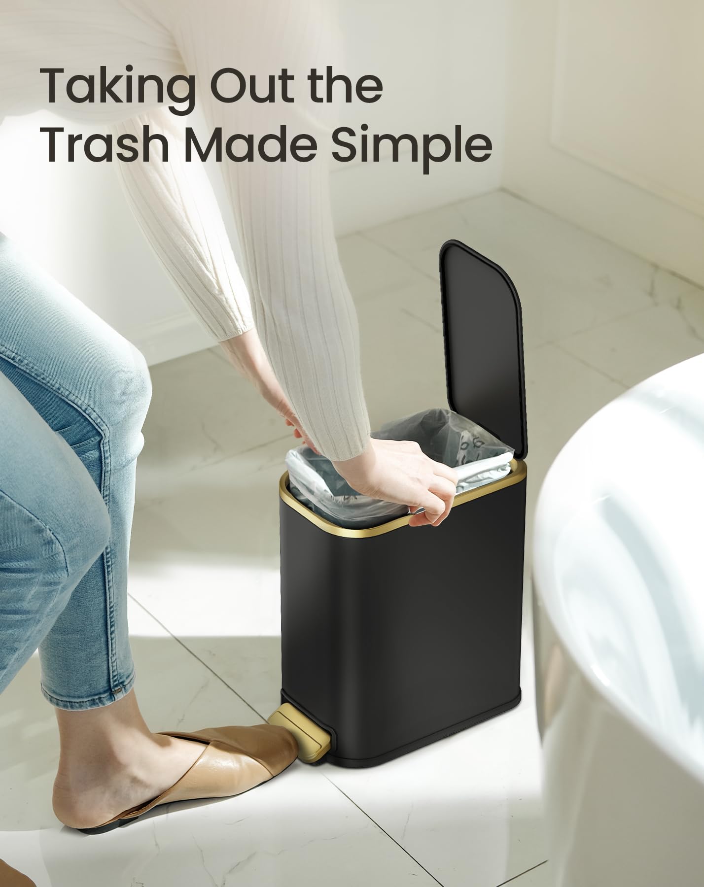 Small Bathroom Trash Can with Gold Grimmed Lid & Pedal
