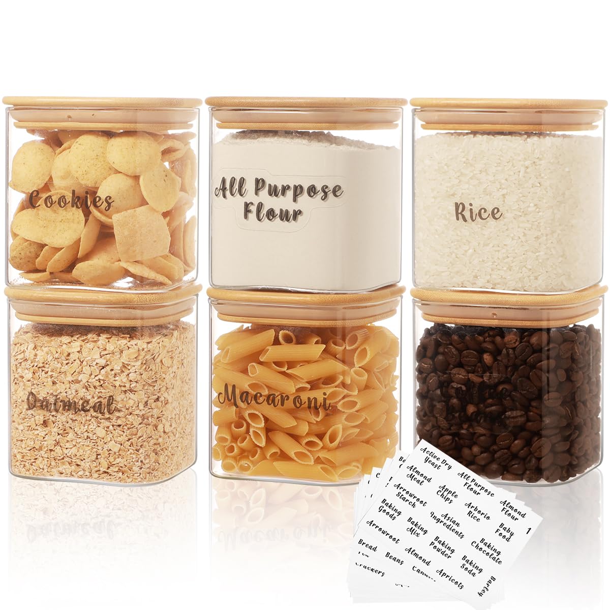 6 Pcs Square Glass Pantry Storage Containers with Bamboo Airtight Lid and 248 Clear Pantry Labels Preprinted