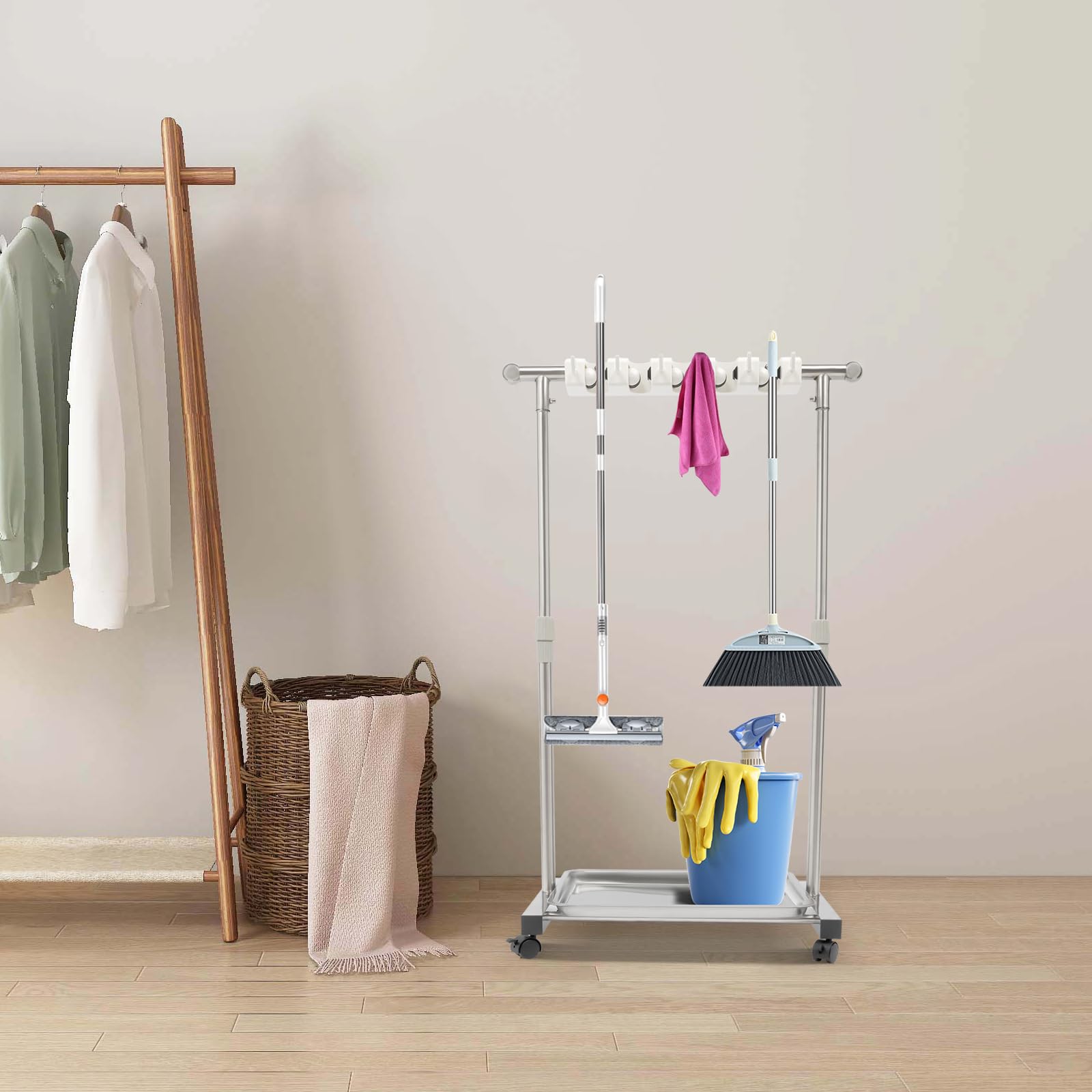 Mop and Broom Holder Wall Mount Tool Organizer