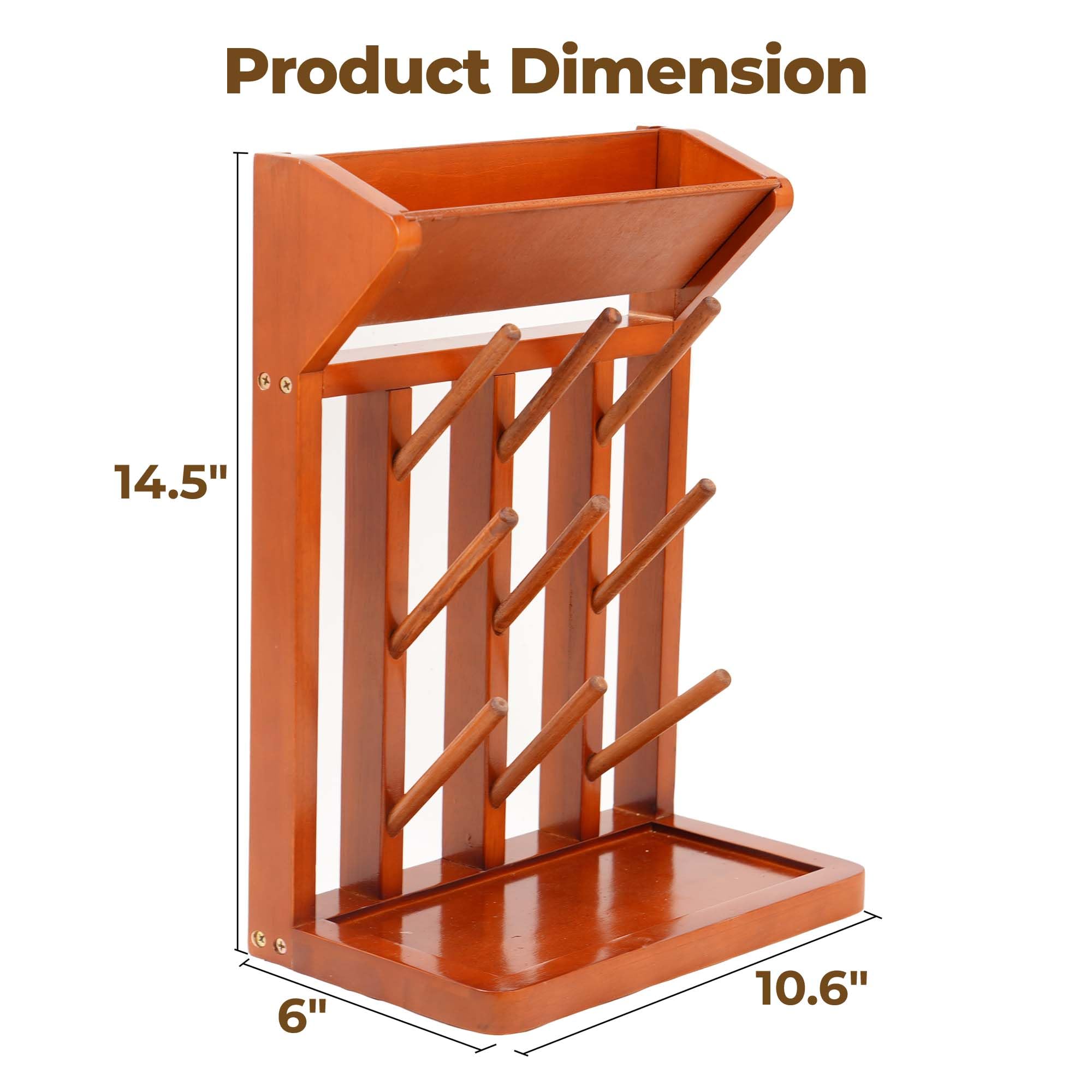 Brown Vertical Bottle Drying Rack Rubber Wood 9 Hooks