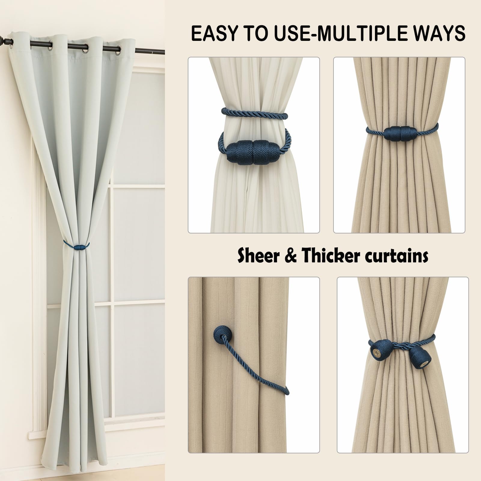 Magnetic Curtain Tiebacks Rope Curtain Tie Backs for Curtains 8 Pack Curtain Holders for Drapes Decorative Window Curtain Holdbacks (8 Count)