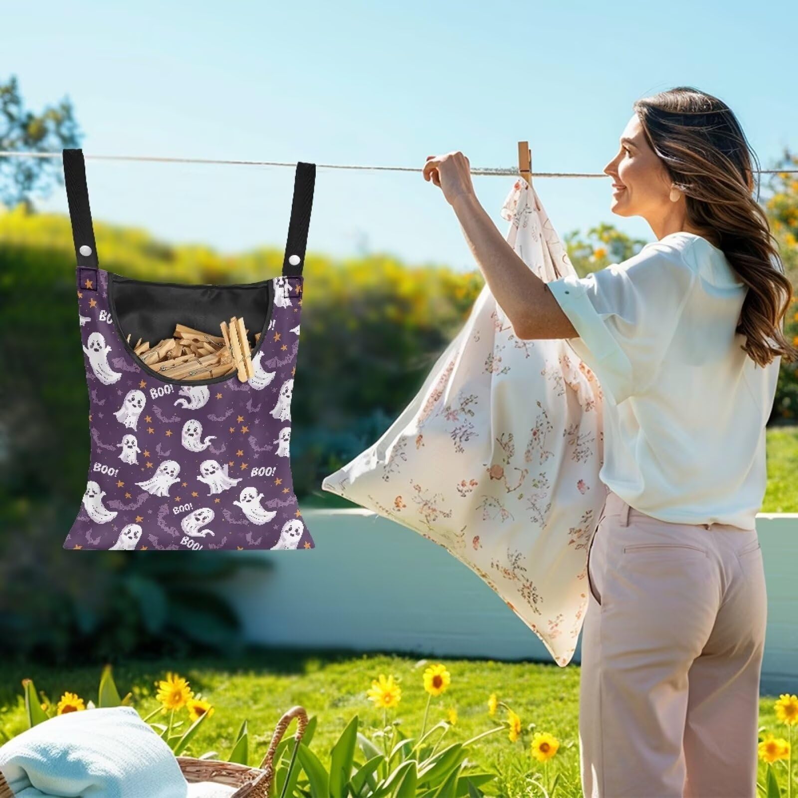 Cute Ghost Clothespin Storage Hanger Bags Laundry Clothespin Bag with a Large Opening