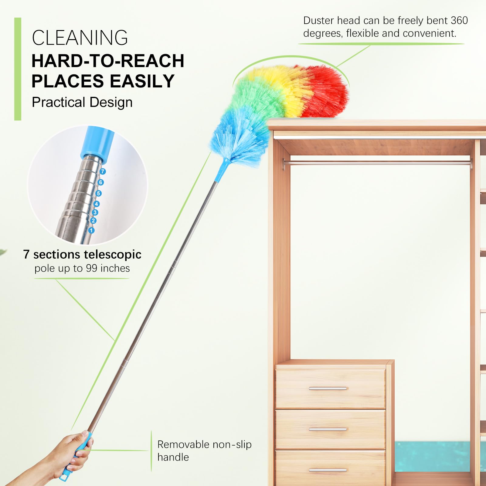 Rainbow Extendable Static Duster Reusable Microfiber Duster with 100" Telescoping Pole