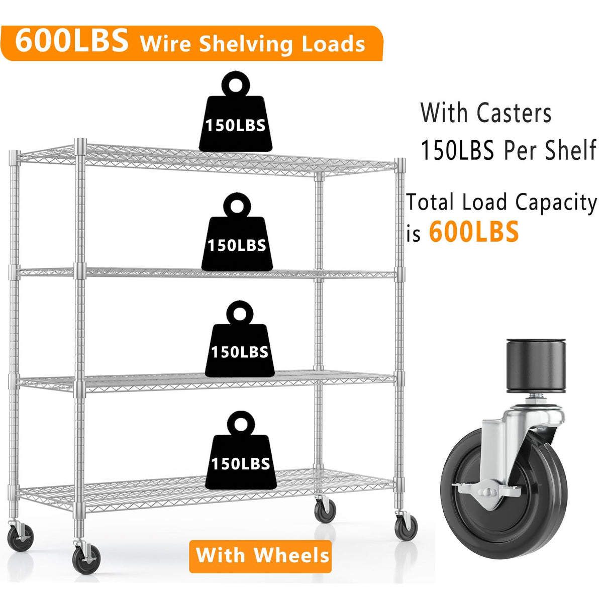 72" H Storage Shelves 4 Tier Metal Shelving Adjustable Wire Shelf with Wheels