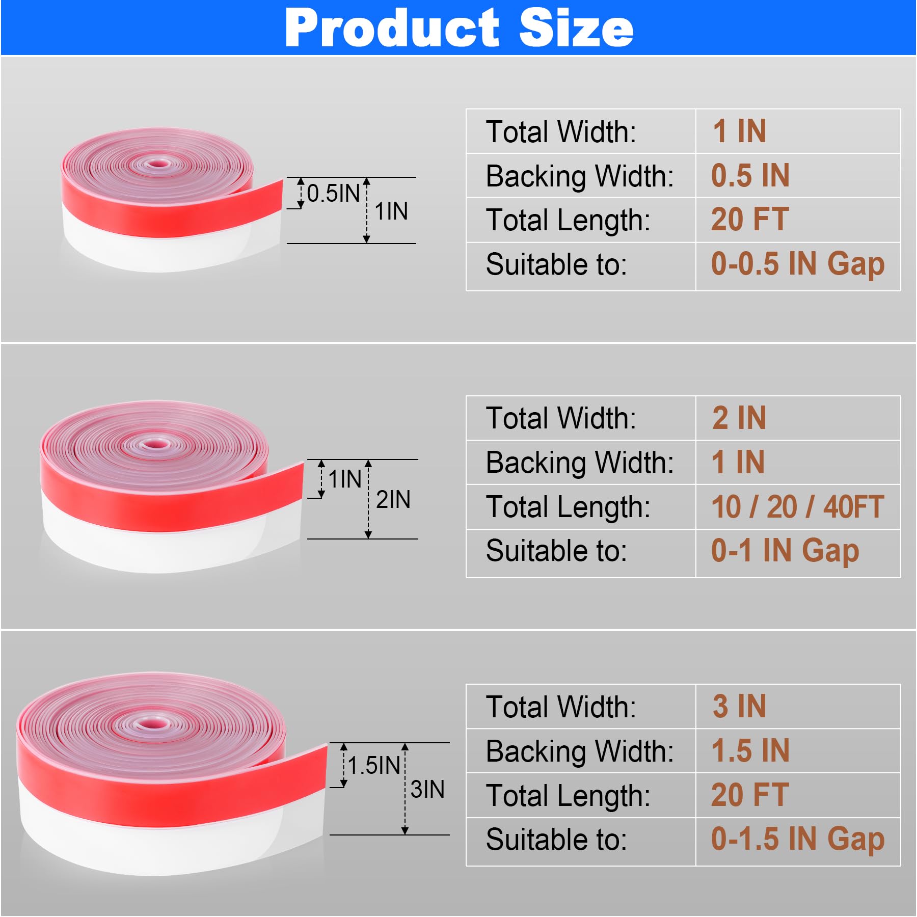 Weather Stripping Silicone Door Seal Strip 2 in x 40 ft Door Draft Stopper Self Adhesive Door Draft Tape (40 Foot)