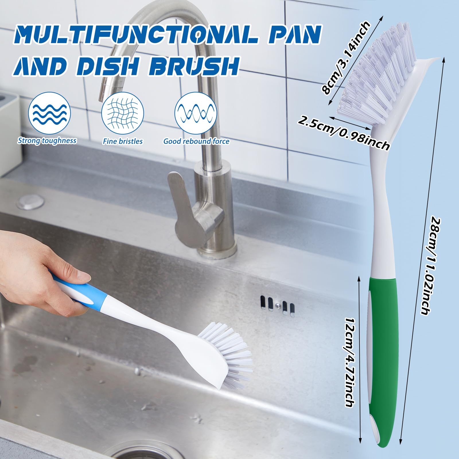 6 Pcs Blue and Green Kitchen Scrub Dish Brush Bulk with 11 Inch Anti Slip Handle Cleaning Dish Scrubber with Stiff Bristles Washing Scrub Brushes for Housekeeping for Pots and Pans (6 Count)