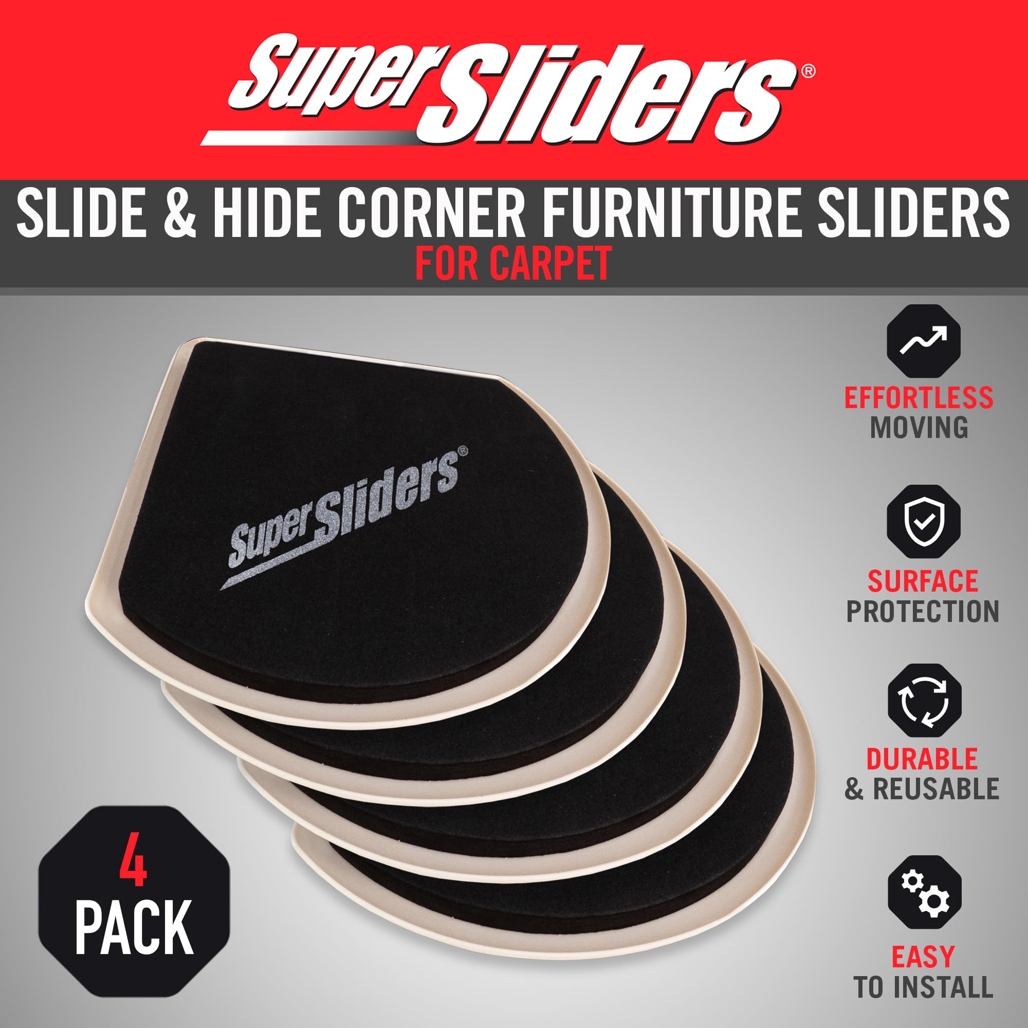 5" Slide & Hide Corner Reusable Furniture Sliders for Carpet (4 Count)