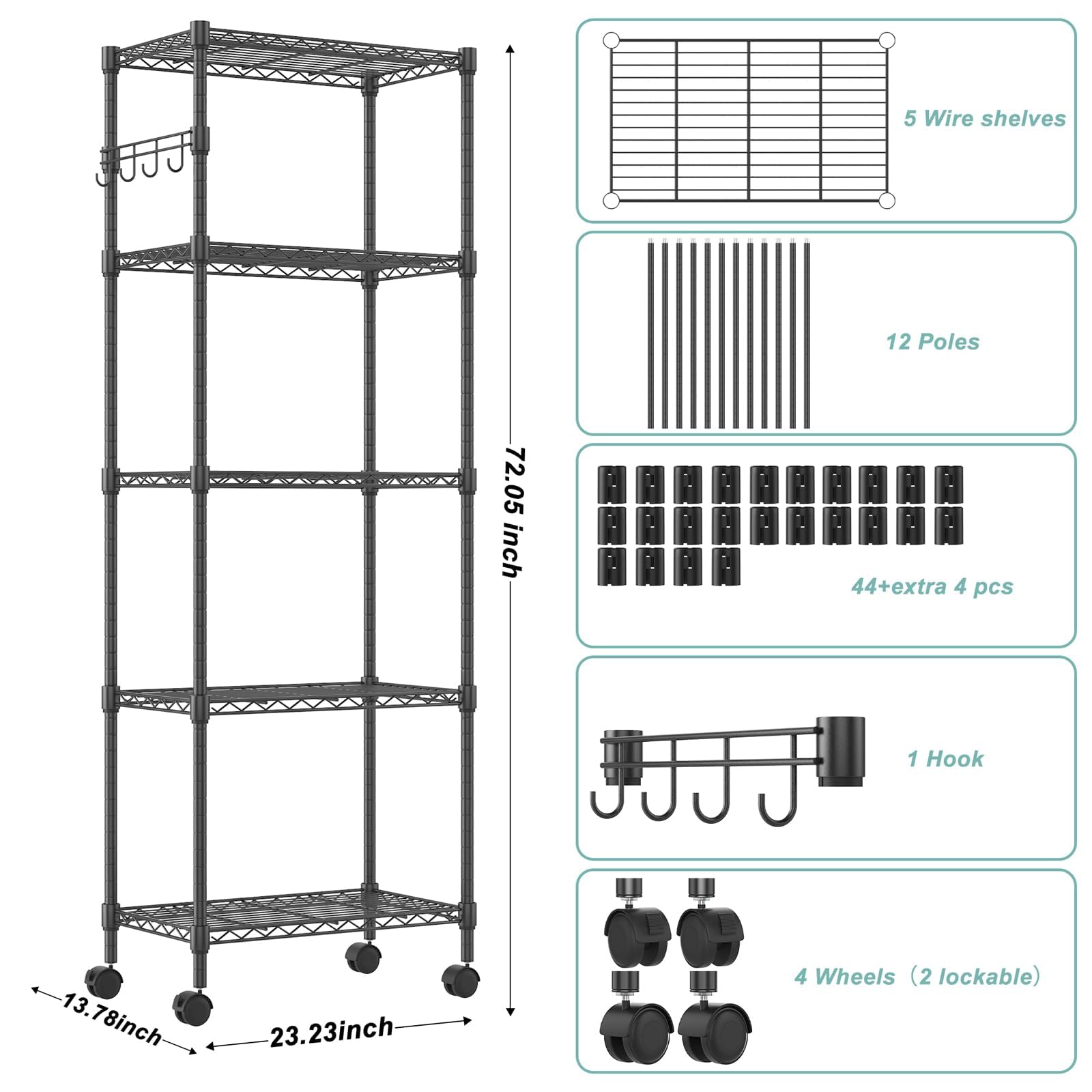 5 Tier Wire Shelving Unit on Wheels (5 Count)