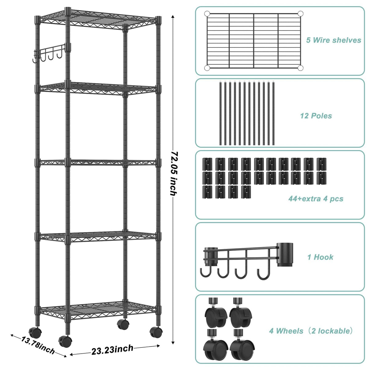 5 Tier Wire Shelving Unit on Wheels (5 Count)