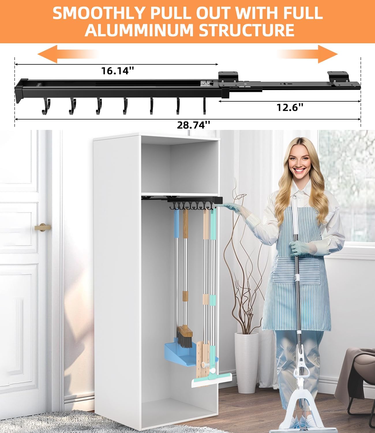 Pull Out Broom Holder With Adjustable Double Row Sliding Hook